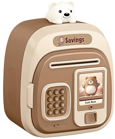 Musik Spardose Kinder 3-12 Jahre, Elektronische Tresor Spardose mit Touchscreen und Fingerabdruck, Sparbox Sparschwein Tresor Geschenke für Mädchen Jungen, Braun