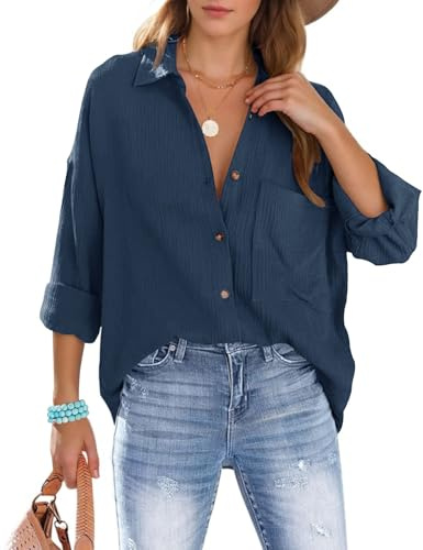 Xnova Chemisier Oversize Femme à Manches Longues, Décontractée Coton Blouse Top avec Poche, T-Shirt Col en V Chic et Élégant Chemise Ample à Boutons