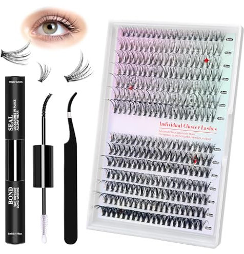 Qilnyeh Pestañas Postizas Cluster Lashes Kit, 280Pcs kit pestañas pelo a pelo com Lash Bond and Seal Pinzas, 30D+40D 9-16mm Mixed Longitud Eyelashes Cluster Lashes for DIY at Home (Negro, 280)