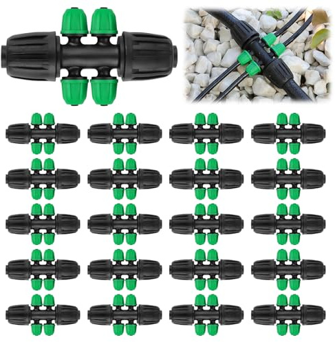 20PCS Locked Barbed Tee Connectors, Kalolary 1/2 to 1/4 Drip Irrigation Fittings Kit 12/16mm to 4/7mm Tube Lock Female Connector 6-Way Barbed Lock Irrigation Parts for Watering System (Black Green)