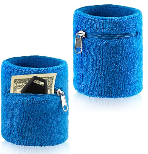 2 Piezas Muñequera Unisex con Cierre Zip, Muñequera Bolsillo para el Sudor, Muñequeras Bolsa de Algodón Grueso, Billetera de Muñeca con Cierre Zip para Tenis Baloncesto Fútbol y Fitness, Azul