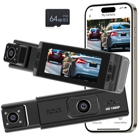NHOPEEW Dash Cam a 3 canali - Dashcam anteriore e posteriore a 360° con display da 3,16 pollici - WiFi/Registrazione in loop/Compensazione dell'esposizione/Rilevamento del movimento