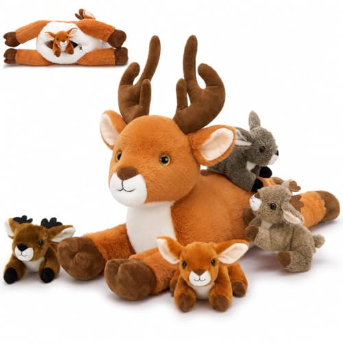 MorisMos Deer Plush Teddy, 45 cm Mommy Deer Stuffed Animal with 4 Babies, Soft Large Deer Plush Toy with Fawn Plushies for Kids Girls Boys Christmas Birthday