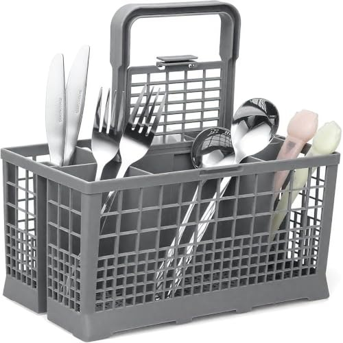 ALINK Spülmaschinenkorb für die meisten gängigen Spülmaschinen, Besteckkorb für Spülmaschine, Spülkorb, Abnehmbarer Griff, Klappbarer Gitterdeckel, Maß inklusive Griff 24 x 13,5 x 24 cm, Grau