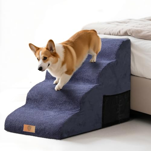 Eukue Hundetreppe, rutschfeste Hundetreppen für Kleine Hunde, 4-Stufige Hundetreppe für Bett und Sofa, Hunde Treppe aus Hochdichtem Schaumstoff, Tragbare Haustiertreppe mit Waschbarem Bezug, Blau