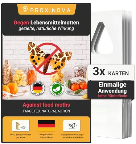Schlupfwespen gegen Lebensmittelmotten – Effektive Mottenfalle zur Bekämpfung von Mehlmotten & Küchenmotten – Mottenabwehr Set zur Lebensmittelmotten Bekämpfung & Motten loswerden - 3 Karten