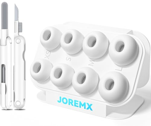 Joremx Silikon Öronkuddar för AirPods Pro 1/2 (4 Par-Vit-XS/S/M/L) | Med hål för ljudreducering och dammtätt nät, Mjukt silikonmaterial, Ingår rengöringsset & förvaringsbox
