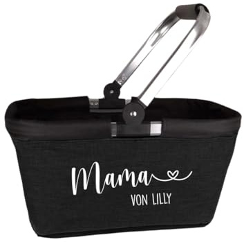 AWASG Einkaufskorb Mama personalisiert, Personalisiertes Geschenk Einkaufstasche mit Name, Tragekorb Mom mit Alurahmen faltbar, 20L schwarz