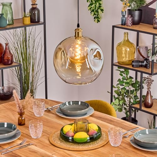 HOFSTEIN Hängeleuchte Ripoll, 1-flammige Hängelampe aus Metall/Glas in Gold-/Bernsteinfarben/Klar, moderne Pendelleuchte im Retro/Vintage-Design (Schirm 30 cm), E27, Esszimmer, Küche, Wohnzimmer, Flur