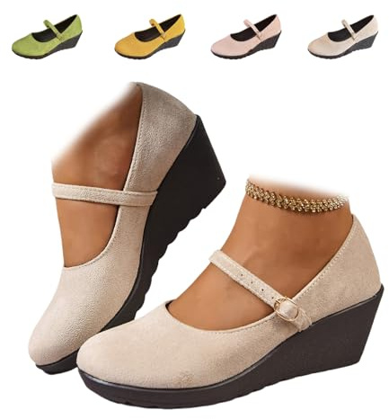Mary Janes - Zapatos de tacón de cuña para mujer, zapatos de cuña de bailarina de punta redonda para damas, de ante suave, elegantes, zapatos de ballet para vestir, trabajo diario, beige, 39 EU