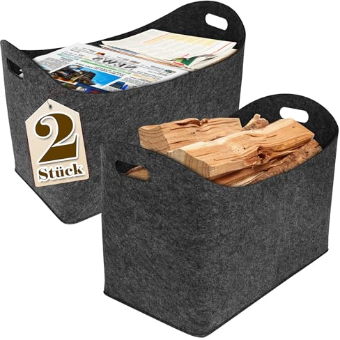 Suusolny 2PCS Holztasche aus Filz Holzkorb für Kaminholz Feuerholzkorb mit Griff für Brennholz & Zeitungen Kaminholzkorb Faltbar Brennholzkorb Multifuktionale für Einkaufen Spielzeug - Dunkelgrau