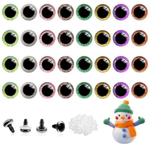 poraceous 32 Stück Sicherheitsaugen, Augen für Häkeltiere Kunststoff | Puppenaugen 25mm, Sicherheitsaugen Glitzer, Augen Bunt mit Unterlegscheiben, für Häkeltiere Puppe Marionette Plüschtier