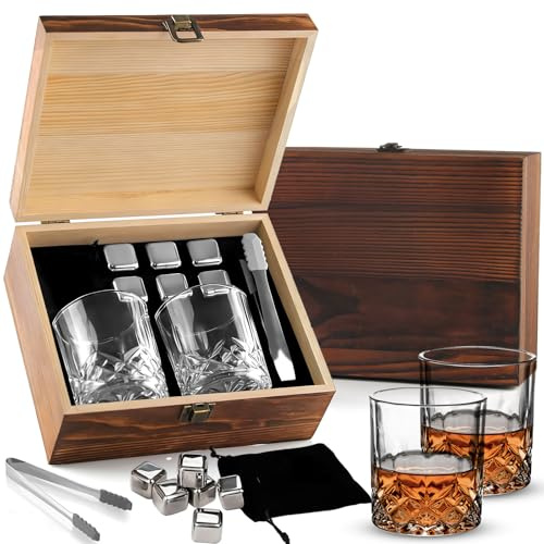 Whiskey Gift Set for Men with 2 Crystal Glasses and Whiskey Stones | Whisky Glass Set in Wooden Box with Tongs and Velvet Bag, Birthday Gift for Dad Husband Father and Special Occasions
