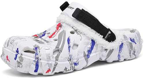 IXIAOYI Zuecos de invierno para hombre con forro de piel, cálidos, antideslizantes, fáciles de poner, con correa ajustable en el talón, para interiores y exteriores, casa y jardín, Blanco, 46 EU