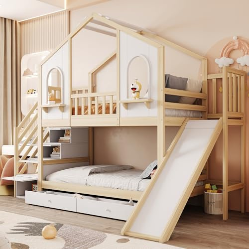 MOBETTRES Kinder-Etagenbett 90 x 200 cm, Hausförmig Mit Geschwungenen Fenstern, Mit Aufbewahrungsleiter Und Rutsche, Schubladen, Doppelbett (Holzfarbe)