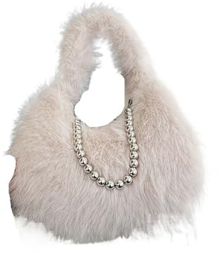 MAQDDO Plysch underarm stor väska för kvinnor höst vinter mångsidig pärlkedja crossbody päls hårig för resor, BEIgE, En storlek