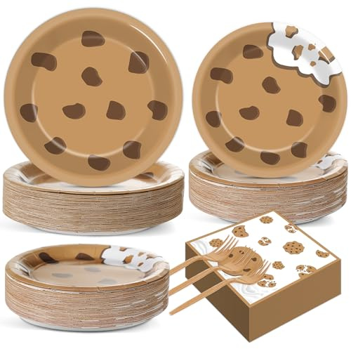 Naozinebi 200pcs Milk and Cookies Paper Plates and Napkins Chocolate Chip Cookie Party Decorations Disposable Cookies Theme Tableware Set for Boys Girls Birthday Party Baby Shower Supplies Serve 50