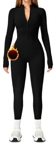 HUKUMA Tutine da Donna, Jumpsuit Sportiva Aderente, Maniche Lunghe Tute in Pile, Donna Tuta per Yoga Palestra Ginnastica-Nera S