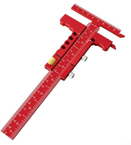 T Shaped Woodworking Scriber and Marking Gauge with Etched Scale and Sliding Ruler for Precise Measuring and Layout in Carpentry and DIY Projects(with Tuning RED)