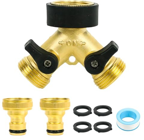 Brass 2-Way Tap Y Splitter, Brass Hose Connector 2 Way, 3/4 Hose Connector with Individual On/Off Valves with 2 Threaded Faucet Adapter, Outside Tap Splitter Brass Connector for Garden, Kitchen