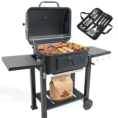 Barbecue Charbon de Bois avec Couvercle | Grille de Cuisson XL 54x43 cm | Hauteur de Braise Ajustable | 2 Tablettes Latérales Rabattables | Ustensiles Offerts | Récupérateur de Cendres | Ravigarden