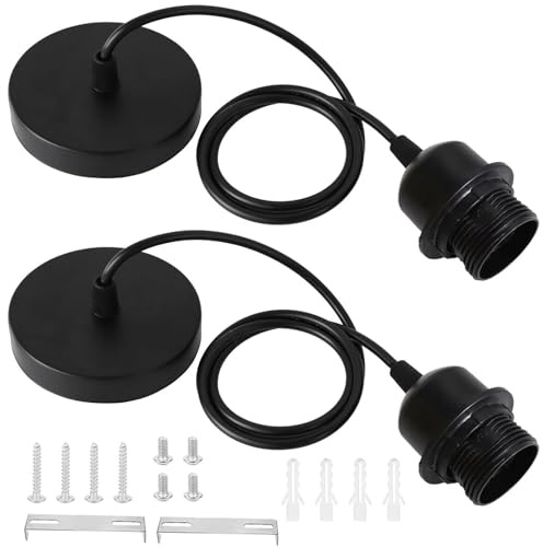 2 Pack Ceiling Pendant Light Fitting, E27 Lamp Holder, with Lock Ring for Shade, Black Light Fittings, with 100CM Adjustable Cable, Flex Cable Ceiling Rose, Industrial Style Ceiling Pendant Fitting