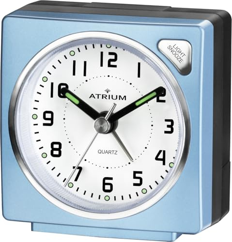 Atrium Kleiner Reisewecker Analog Quarz ohne Ticken, mit Licht und Snooze Hellblau A903-15