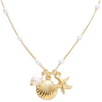 IMINI Shell Starfish Pendant Necklace for Women, Gold-Tone Layered Pearl Beaded Boho Jewellery - Dainty Adjustable Chain, Summer Beach Vacation Holiday Gift