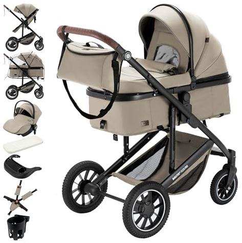 Daliya® FLEXI-PRO M 3in1 Kinderwagen & Buggy mit i-Size Babyschale, Viel Zubehör (Beige Leinen)