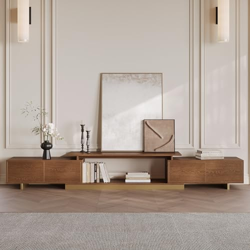 Homary Mueble TV Extensible para TVs de 65-85 Pulgadas (Nogal) | Mueble para TV con almacenamiento, ancho ajustable de 160 a 240 cm y puertas con apertura mediante presión.
