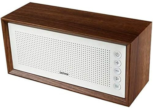 Denver BTS-210 - Enceinte portable - Tuner radio FM - Connexion Bluetooth et USB - Entrée AUX et carte SD - Batterie rechargeable 1500 mAh - Haut-parleurs : 10 W - Structure extérieure en bois - Blanc
