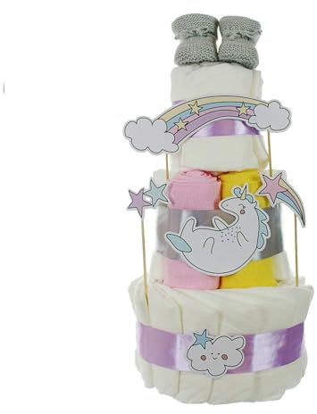 Gâteau de couches Baby Unicorn | avec booties, langes et carte de vœux | 27 pièces
