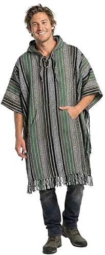 Poncho Extra Long with Kangaroo Pocket, 100% Heavy Cotton Gheri Nepali Baja Hoodie Men's Pancho (Green)
