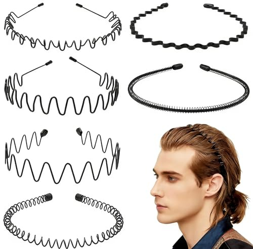 LERNOU Metal Headbands for Men and Women, Wavy Adjustable Wire Hair Bands, Unisex Non-Slip Elastic Headband for Workout, Face Washing, Curly Hair & Daily Use. (6 Pack)