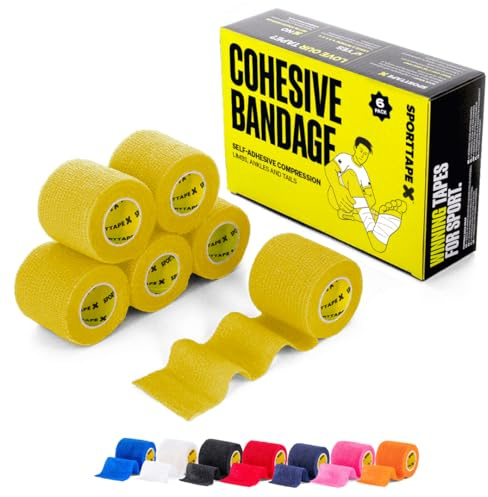 SPORTTAPE Selbstklebender verband - 6 Rollen, 5 cm x 4,5 m | Pflaster rolle verbandsmaterial, Stuzentape fußball, schienbeinschoner tape | haftbandage elastiche bandage fur sport, vet wrap - Gelb