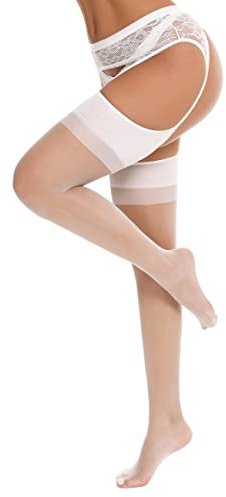 Lidogirl Women Garter Belt With Attached Stockings Suspenders Pantyhose Stockings White