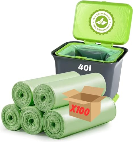 Sacchetto per la spazzatura biodegradabile 40 l, per rifiuti alimentari e giardino, confezione da 100 sacchetti OK Compost, materiale vegetale = 100% amido di mais | Produzione europea (40L)