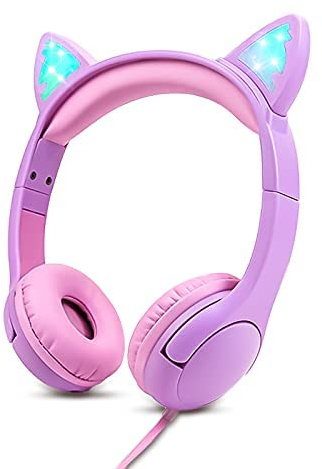 Olyre Casque pour Enfants, Casque Chat avec Volume Limité à 85db, Écouteurs Filaires pour Filles pour Kindle Fire, Tablette, Écouteurs Supra Auriculaires pour L'école et Le Voyage - Violet/Rose