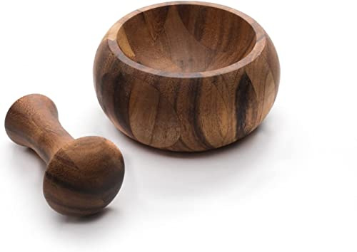 IBLAY Mortier et pilon en bois – Moulin à épices et herbes en bois d'acacia, bol fait à la main pour ail, épices, pesto et ayurvédique, outil de broyage de cuisine durable (design traditionnel)