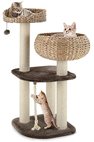 GYMAX Kratzbaum 104 cm, Katzenbaum mit Korb, Sisalstämme, Hängender Ball & eine Schlinge, Stabiler Katzenkratzbaum Katzenmöbel (Dunkelbraun)