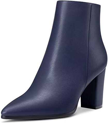 HDEUOLM Mujer Chunky Ancho Alto High Heel Puntiaguada Punta Cremallera Botines de Boda Oficina 8.5 CM Heels Azul Marino 38 EU