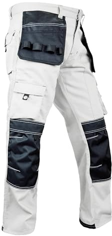 FASHIO FF Men's Cordura Work Pants Tactical Trousers with Utility Tool Pockets Heavy Duty Reinforced Carpenter Safety Pants S1 White W40-L34