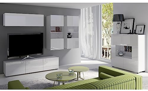 Lomadox Wohnwand Anbauwand weiß Hochglanz 5-teilig Modern, mit 1 TV-Lowboard, 1 Hängeschrank, 2 Hängevitrinen mit Beleuchtung, 1 Highboard