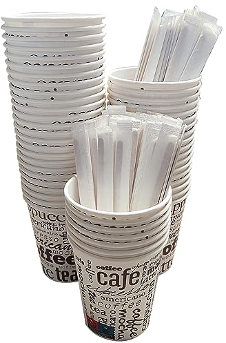 100 Vasos Desechables Café de Papel Cartón de 240 ml, Vasos Resistentes y Elegantes para Bebidas Calientes o Frías, Perfectos para Oficina y Hogar. Incluyen 100 Paletinas de Madera