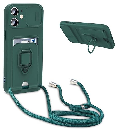 BGHHEU Coque avec Cordon pour iPhone 11,Collier pour Étui Colliers de cellulaire Réglable Corde Silicone Souple Case,Protection de la Caméra,Support,Porte Cartes - Vert