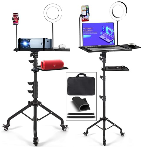 Asltoy Projector Tripod Stand with Wheels Laptop Tripod Stand Projector Tripod Laptop Stand Floor Stand Live Stream stand Treadmill Stand Music Stand with 6 LED Ring Light for Online Meeting Recording