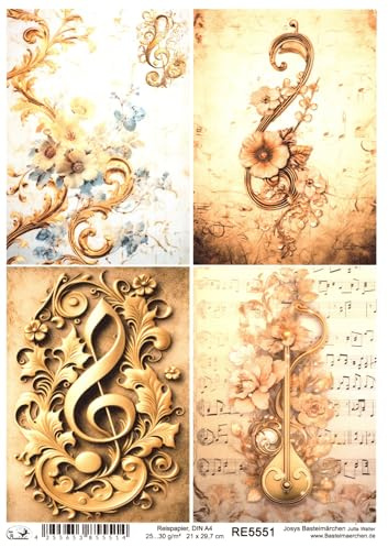 Josys Bastelmärchen Reispapier A4 Strohseide Decoupage Notenschlüssel Noten Vintage Gold RE5551