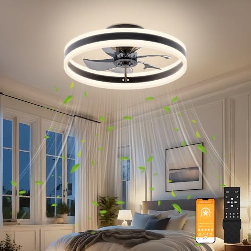 VOLISUN Fandelier Ceiling Fans with Lights and Remote, 15.7in Low Profile Ceiling Fan Flush Mount, 3000K-6500K Dimmable Bladeless LED Fan Light, Black Modern Ceiling Fans with Lights for Bedroom