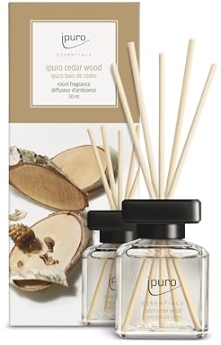 ipuro - Essentials Raumduft Cedar Wood 50ml | Raumerfrischer mit Orange, Zitrone, Rosmarin, Ylang Ylang, Sandelholz & Vanille Duft Aroma | Diffuser mit Stäbchen | Lufterfrischer für die Wohnung