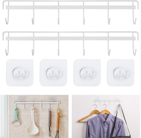 YAANBUNB Lot de 2 cintres à ustensiles de cuisine, porte-ustensiles muraux peu encombrants, sans perçage, avec 6 crochets, crochets muraux adhésifs de cuisine, barre de suspension multifonction pour